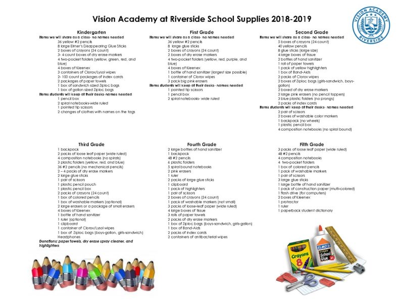 2018 19 School Supplies List Vision Academy Riverside