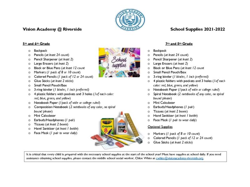 VAR MS School Supply List 20212022 Vision Academy Riverside